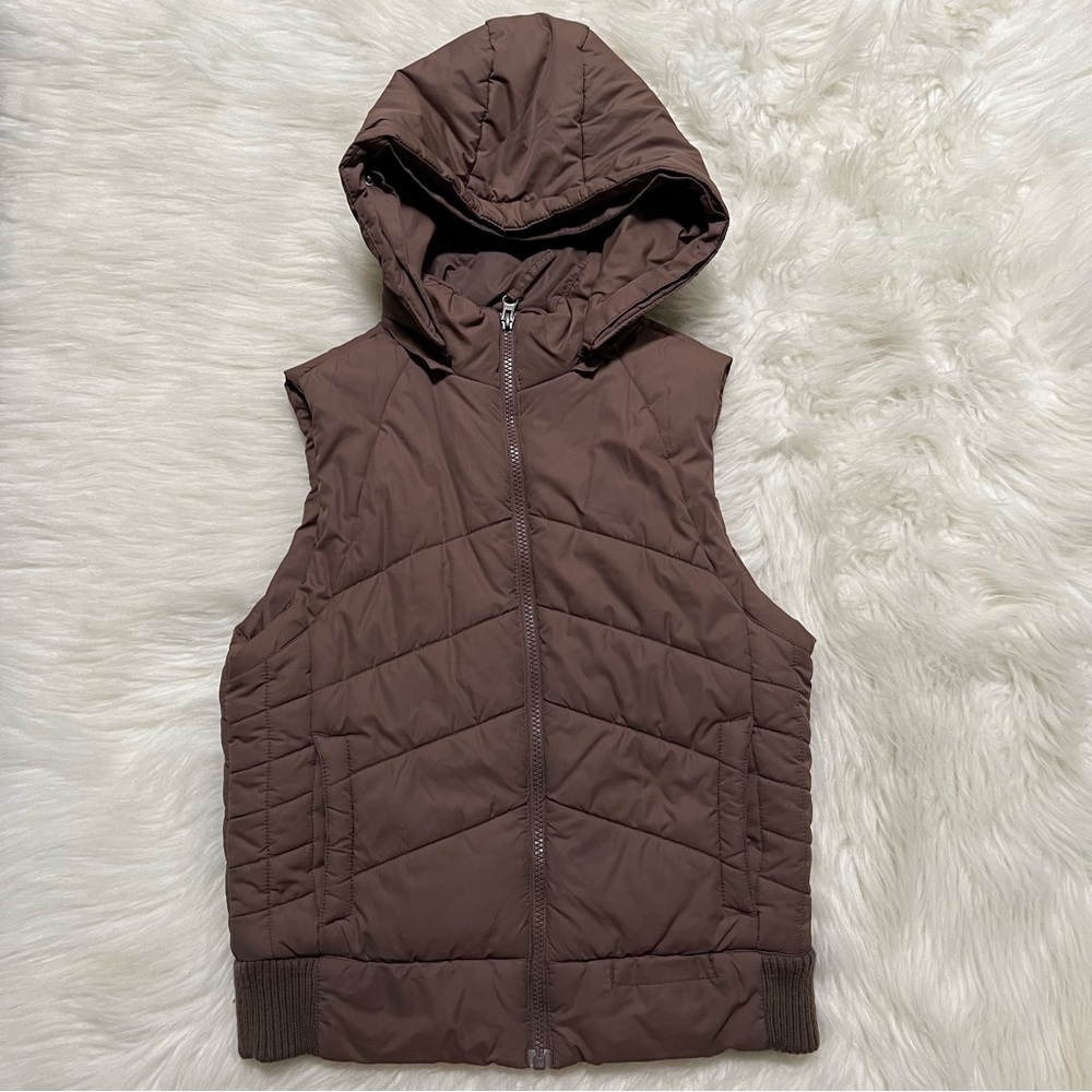 Brown hooded flannel lined zip front puffer vest boys size 10/12 - boys medium